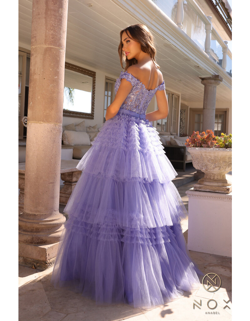 Off the shoulder lace bodice ruffle ballgown E1293