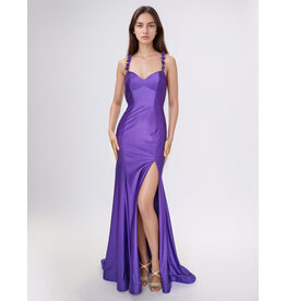 V-Neck, 3D floral straps, open back, front slit 5304