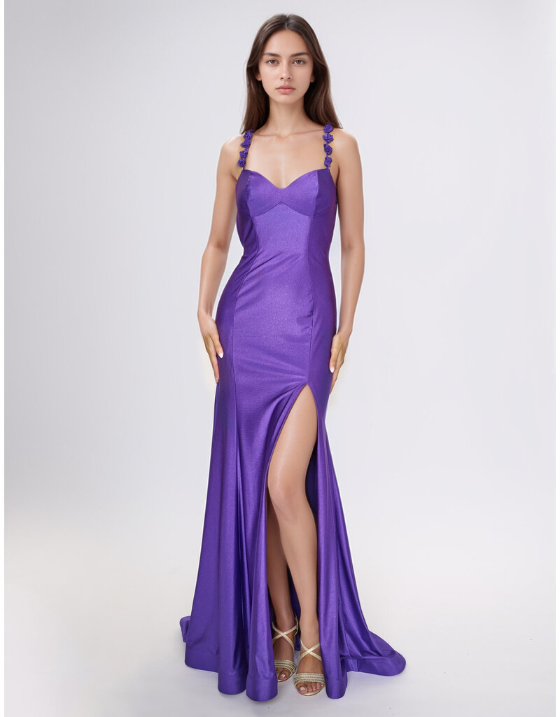 V-Neck, 3D floral straps, open back, front slit 5304