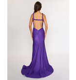 V-Neck, 3D floral straps, open back, front slit 5304