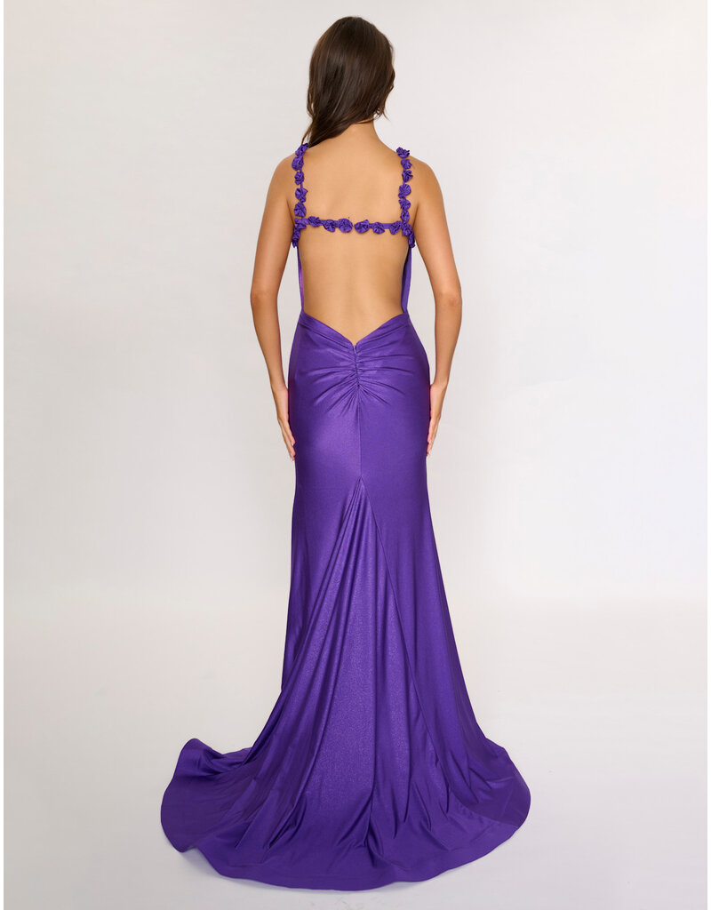 V-Neck, 3D floral straps, open back, front slit 5304