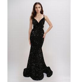 Sequin spaghetti strap open back fit and flare 1579