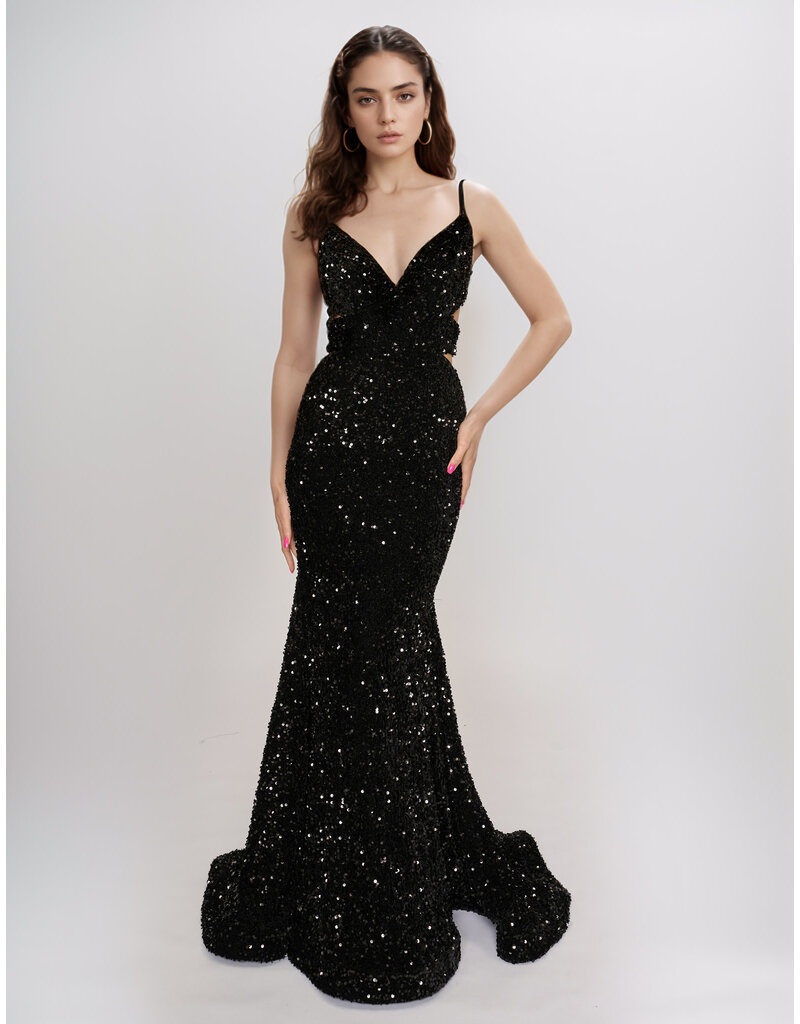Sequin spaghetti strap open back fit and flare 1579
