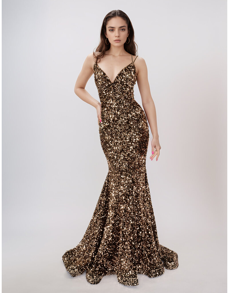 Sequin spaghetti strap open back fit and flare 1579