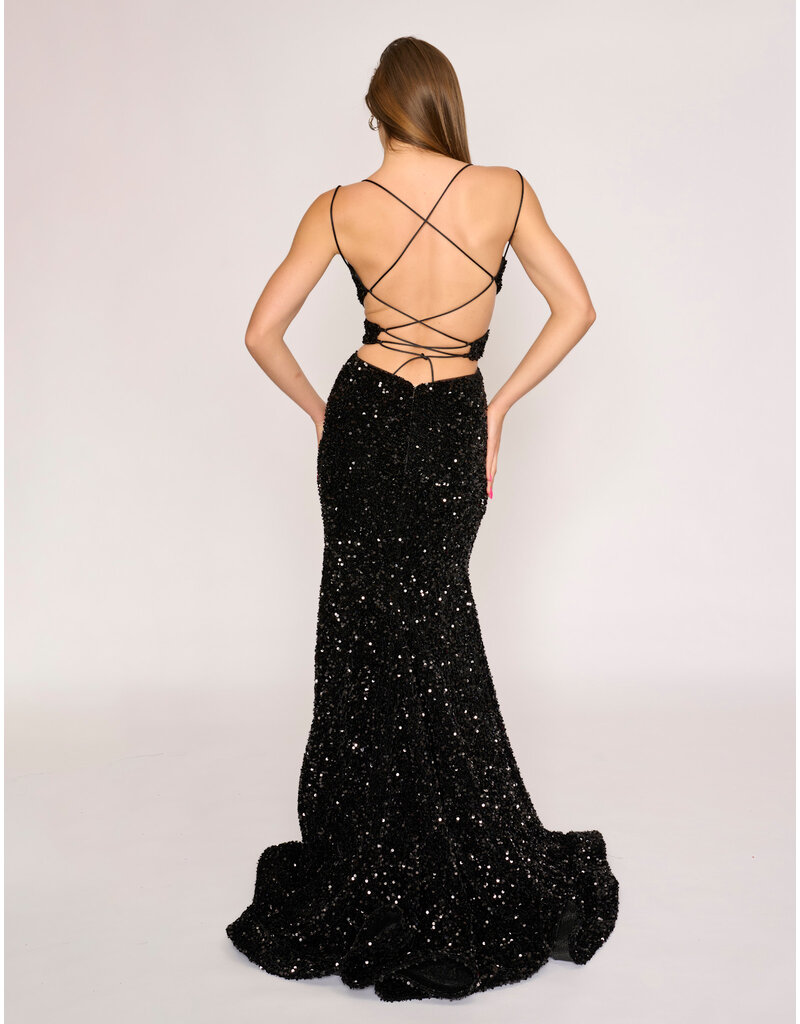 Sequin spaghetti strap open back fit and flare 1579