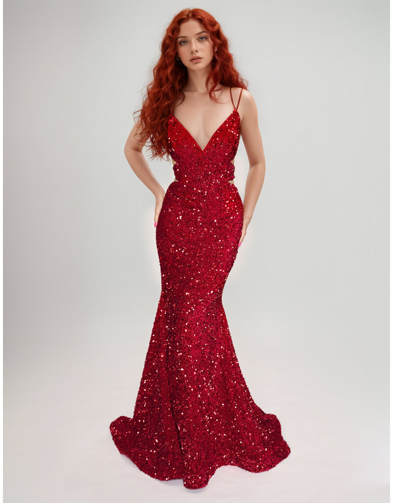 Sequin spaghetti strap open back fit and flare 1579