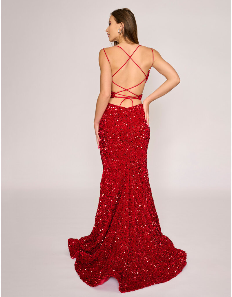 Sequin spaghetti strap open back fit and flare 1579