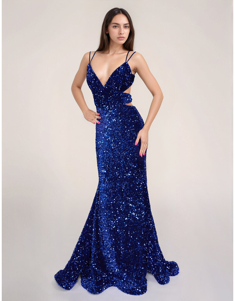 Sequin spaghetti strap open back fit and flare 1579