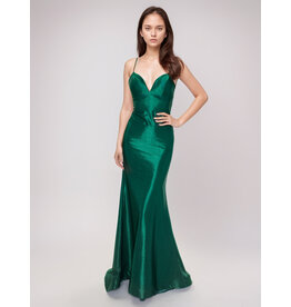 Spaghetti strap lace up back shimmer jersey gown 6632