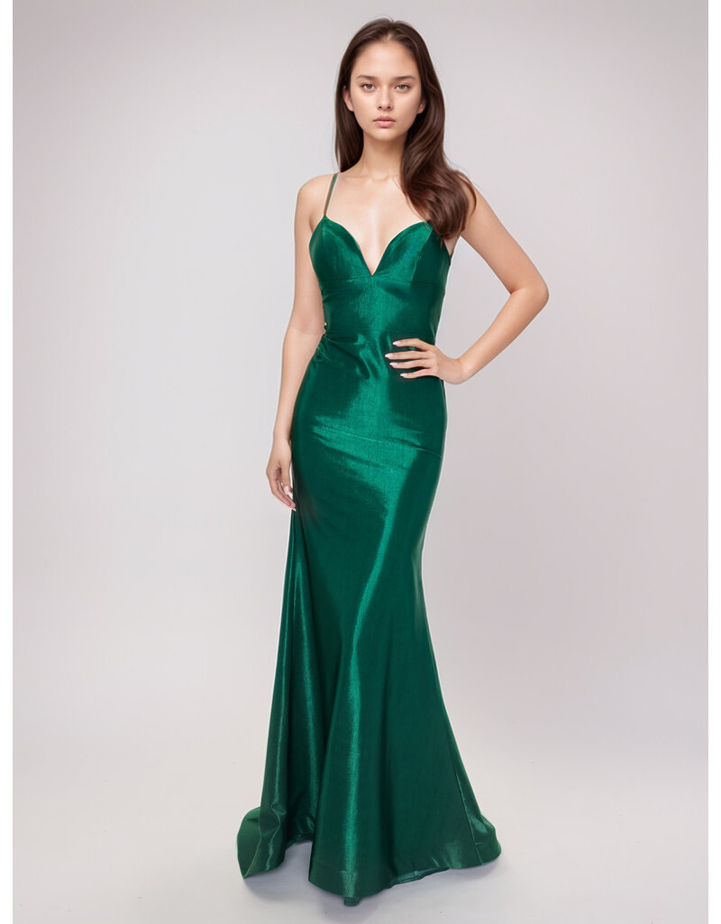 Spaghetti strap lace up back shimmer jersey gown 6632