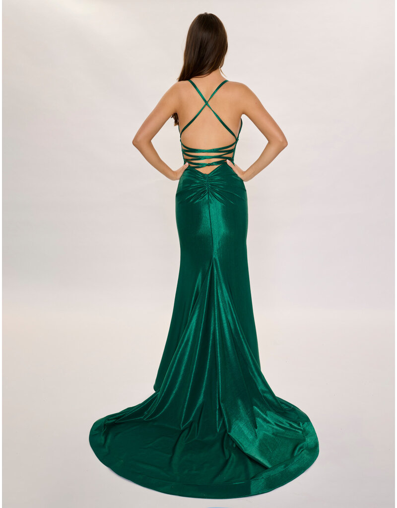 Spaghetti strap lace up back shimmer jersey gown 6632