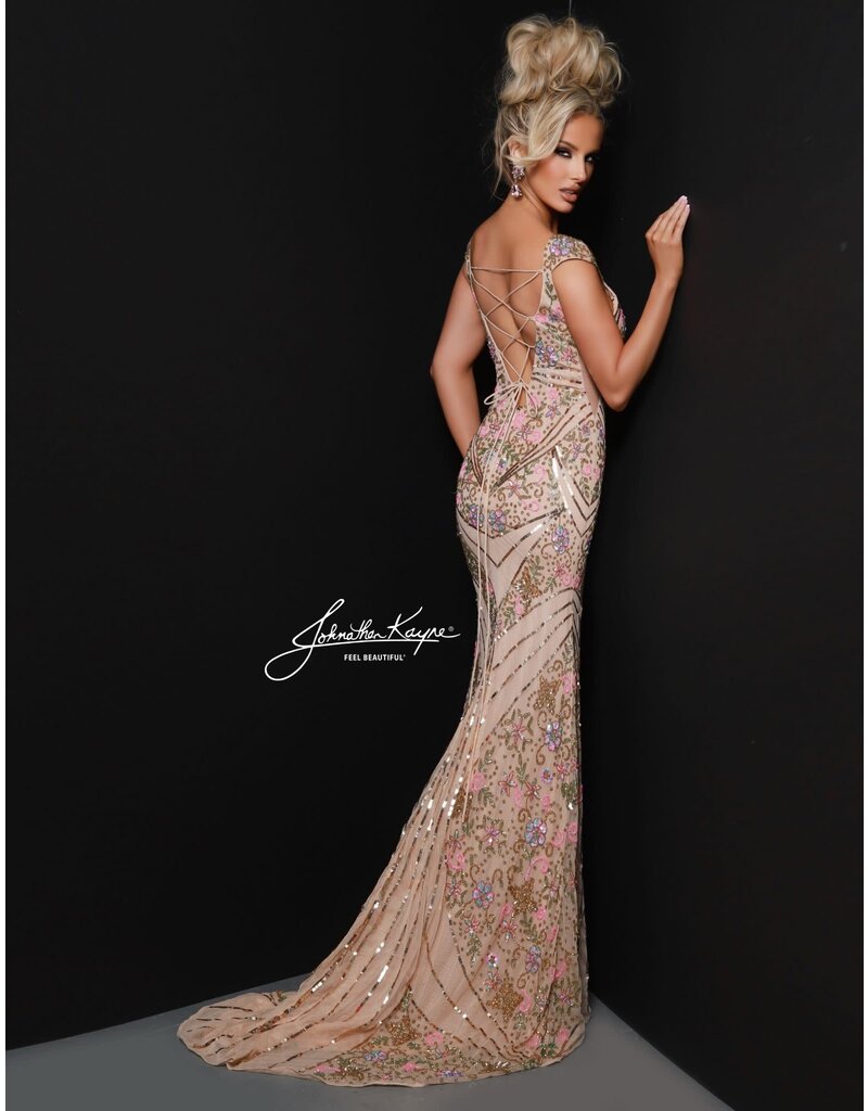 Floral beaded cap sleeve fitted gown 3079