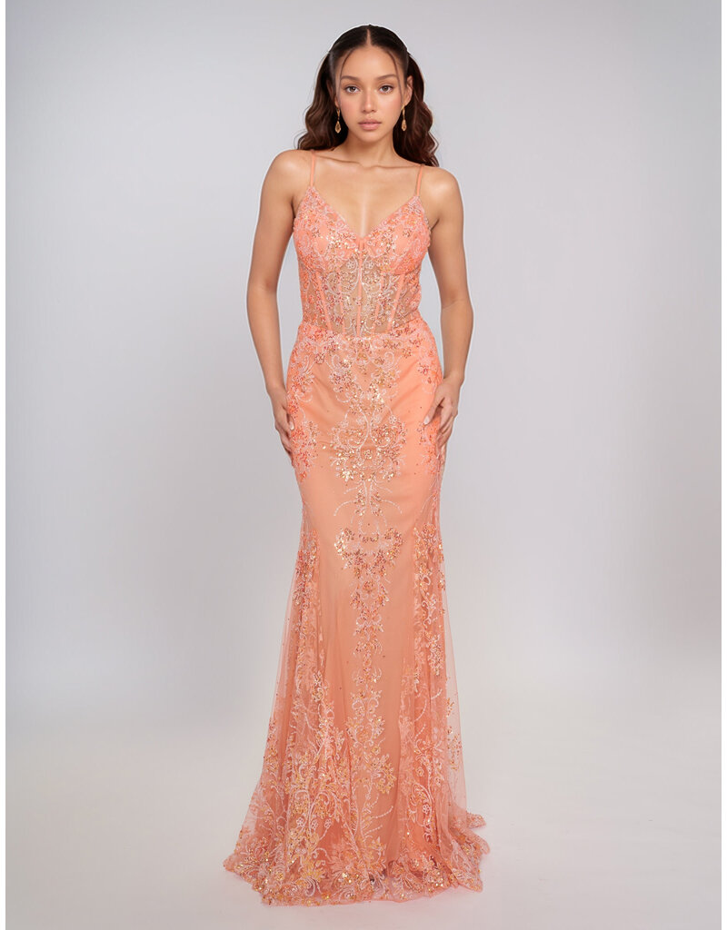 Spaghetti strap sequin corset bodice mermaid gown 1562