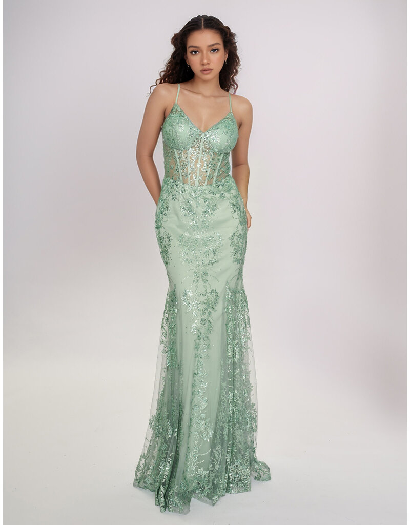 Spaghetti strap sequin corset bodice mermaid gown 1562