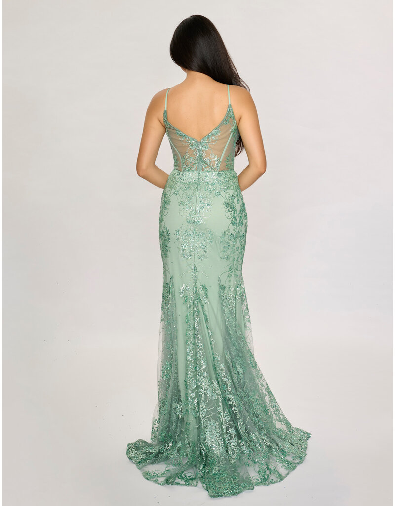 Spaghetti strap sequin corset bodice mermaid gown 1562