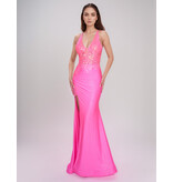 Sequin lace tank bodice fitted jersey gown 1581