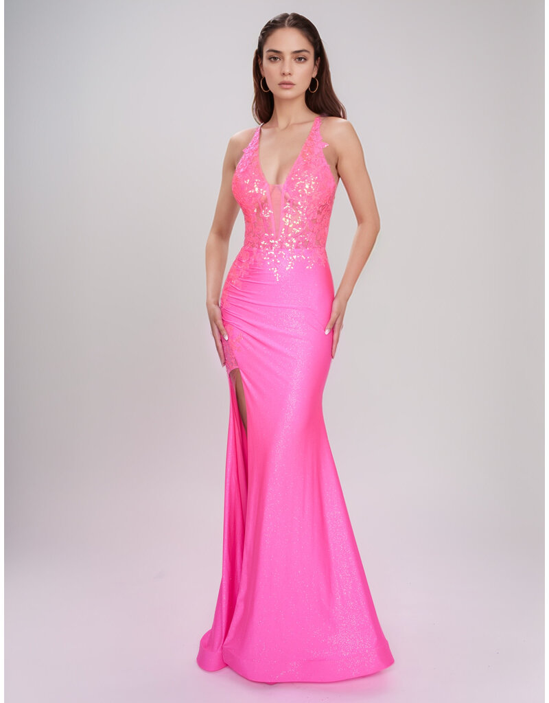 Sequin lace tank bodice fitted jersey gown 1581