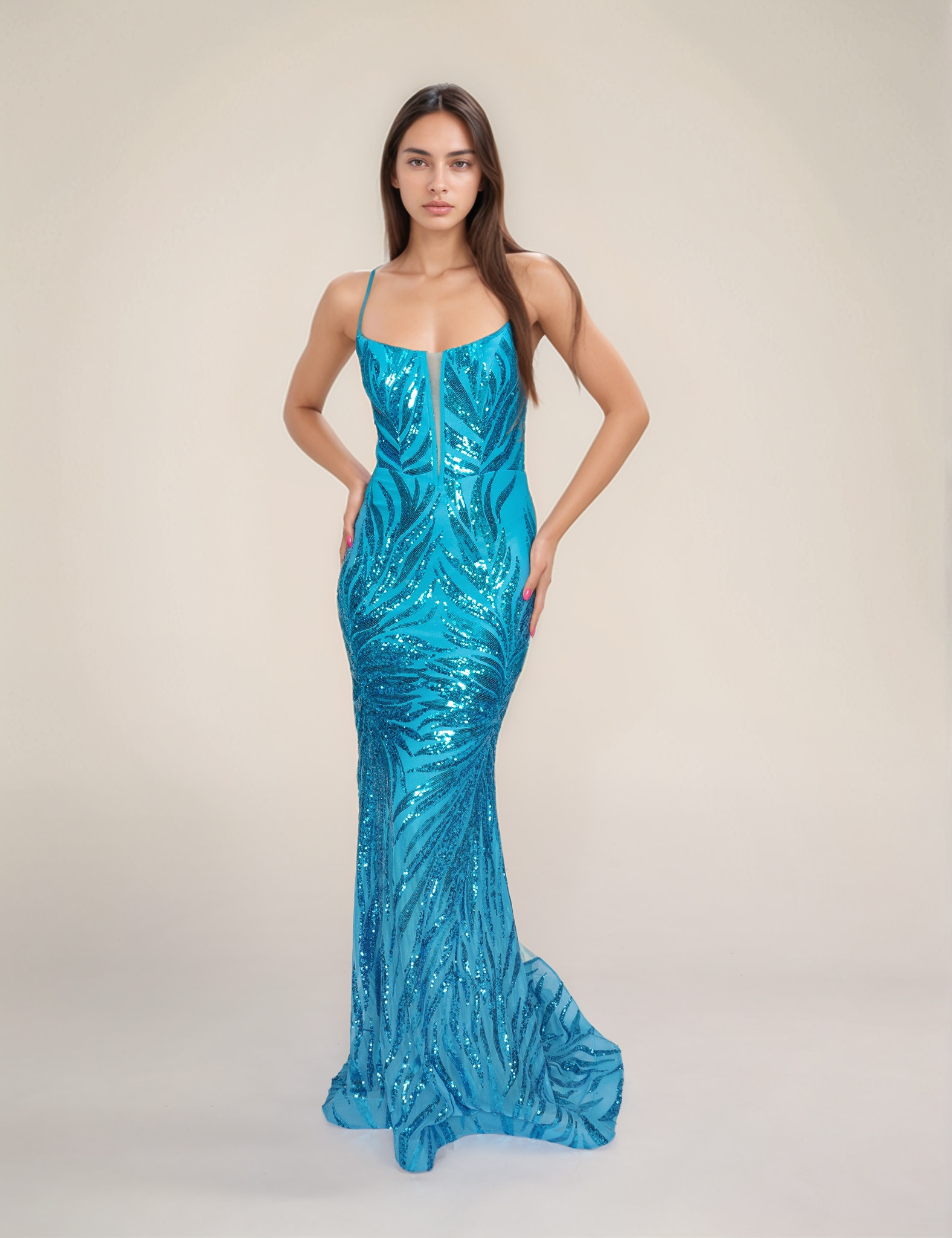 Ellie Wilde EW36084 Spaghetti Strap Fit and Flare Sequin Gown