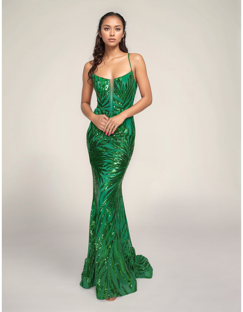 Spaghetti strap sequin fit and flare gown 4433