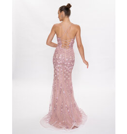 Spaghetti strap beaded scoop neck fitted gown 6625