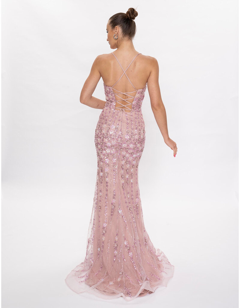 Spaghetti strap beaded scoop neck fitted gown 6625