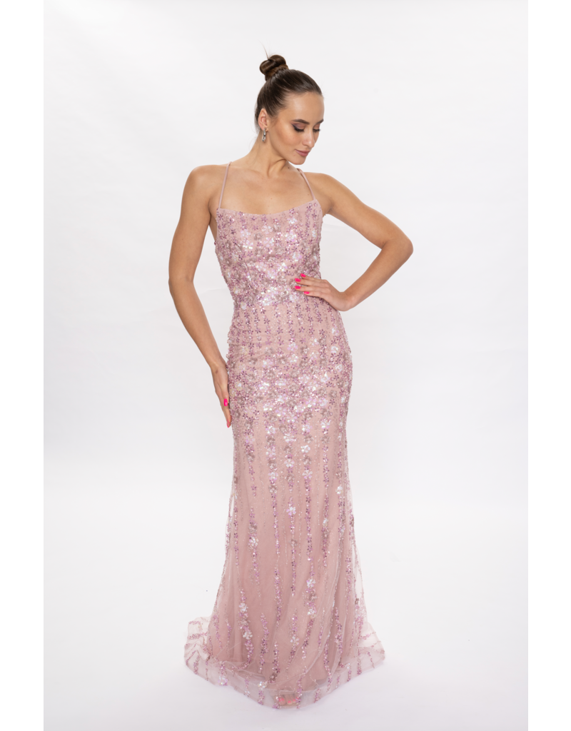 Spaghetti strap beaded scoop neck fitted gown 6625