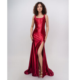Satin beaded tank fitted gown w/leg slit 6633