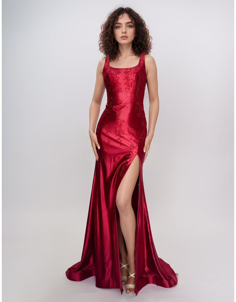 Satin beaded tank fitted gown w/leg slit 6633