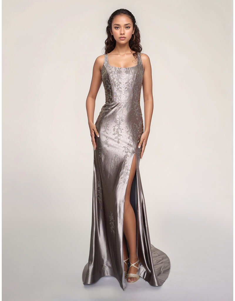 Satin beaded tank fitted gown w/leg slit 6633