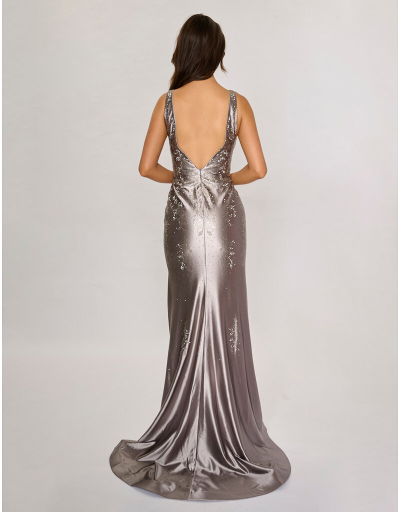 Satin beaded tank fitted gown w/leg slit 6633