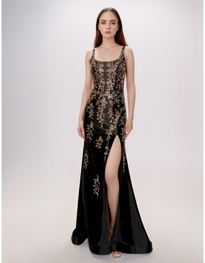 Satin beaded tank fitted gown w/leg slit 6633