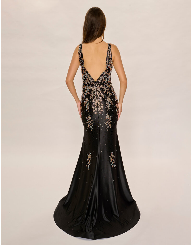 Satin beaded tank fitted gown w/leg slit 6633