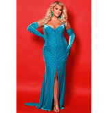 Strapless beaded fitted velvet gown w/gloves JK2510