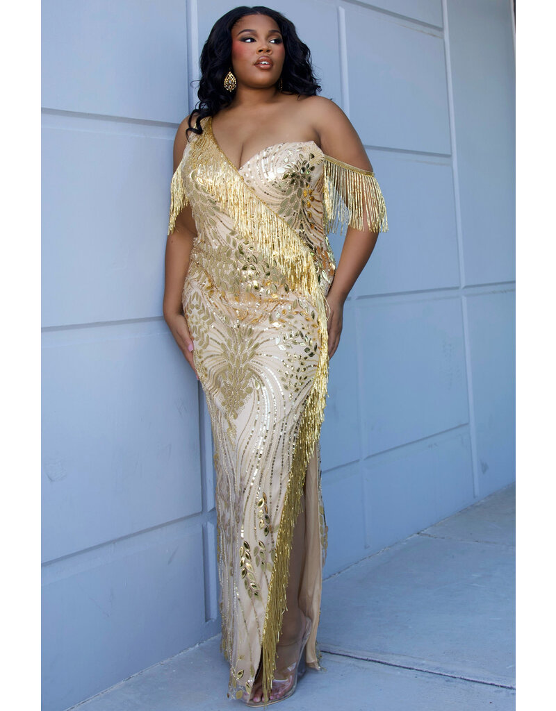 One shoulder fitted sequin fringe gown JK2513