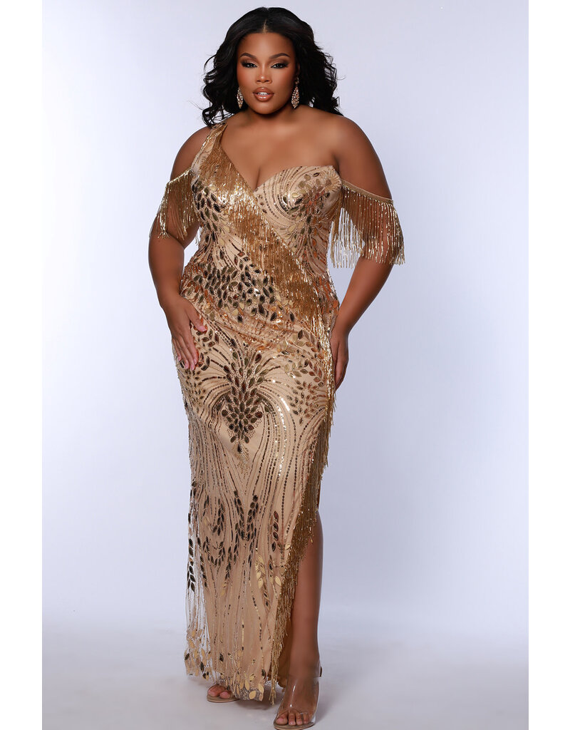 One shoulder fitted sequin fringe gown JK2513