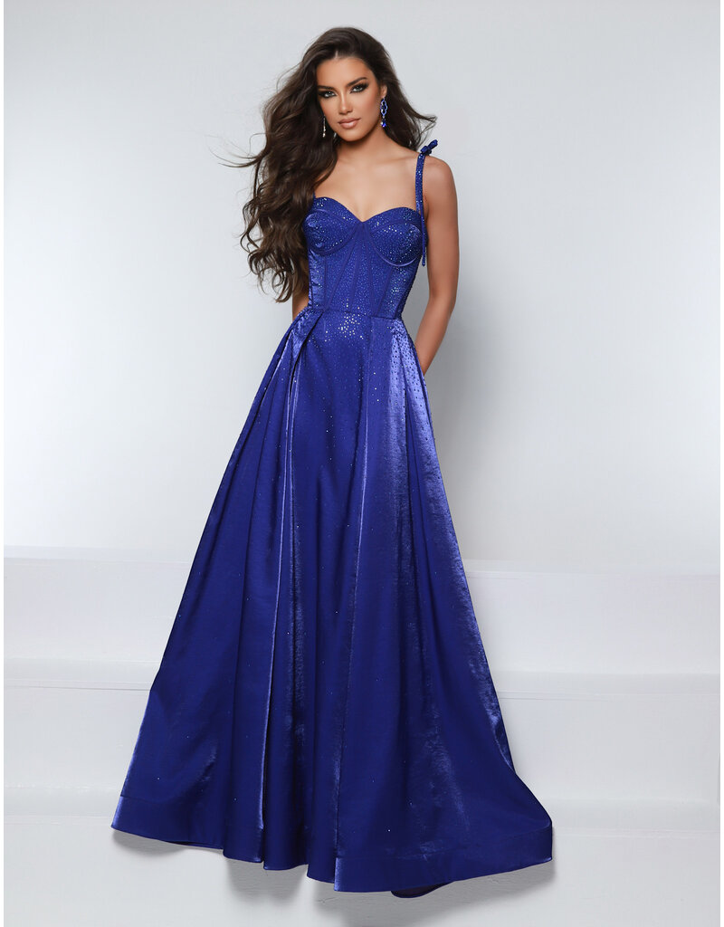 Bow strap beaded corset bodice A-line gown 25715