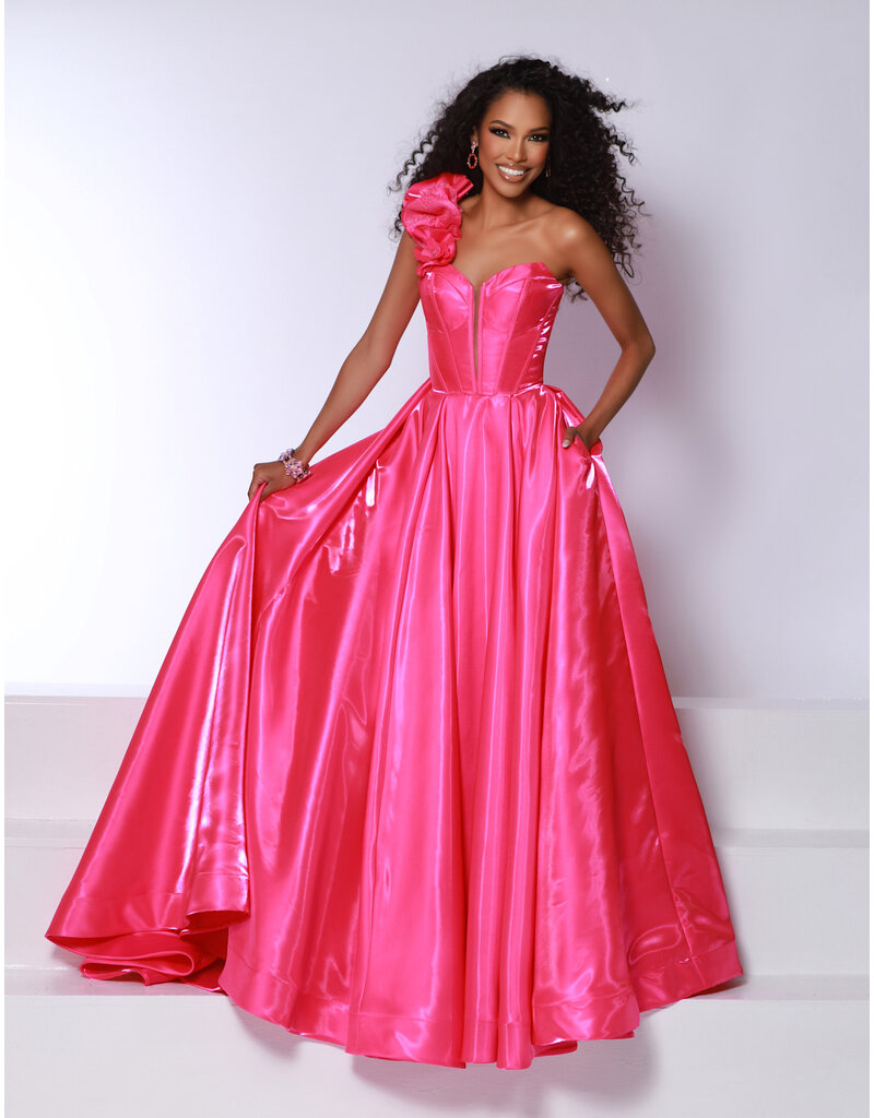 One shoulder corset bodice satin ballgown 25415