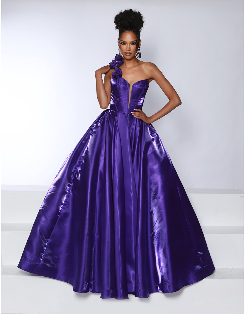 One shoulder corset bodice satin ballgown 25415