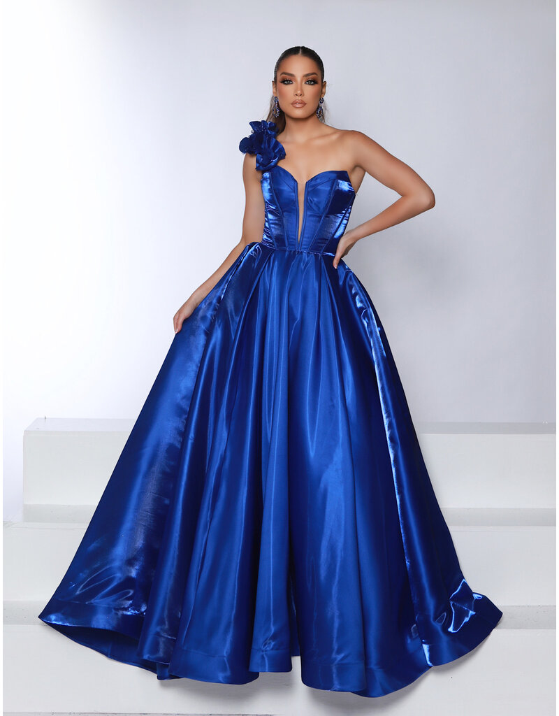 One shoulder corset bodice satin ballgown 25415