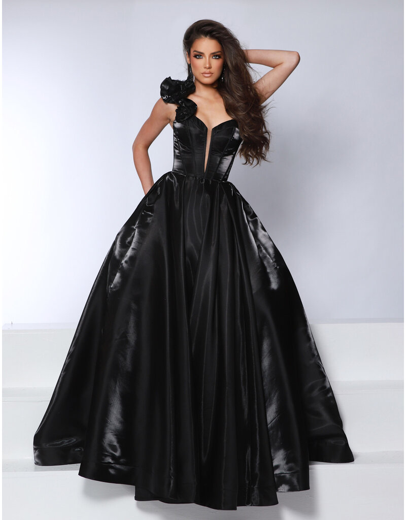 One shoulder corset bodice satin ballgown 25415