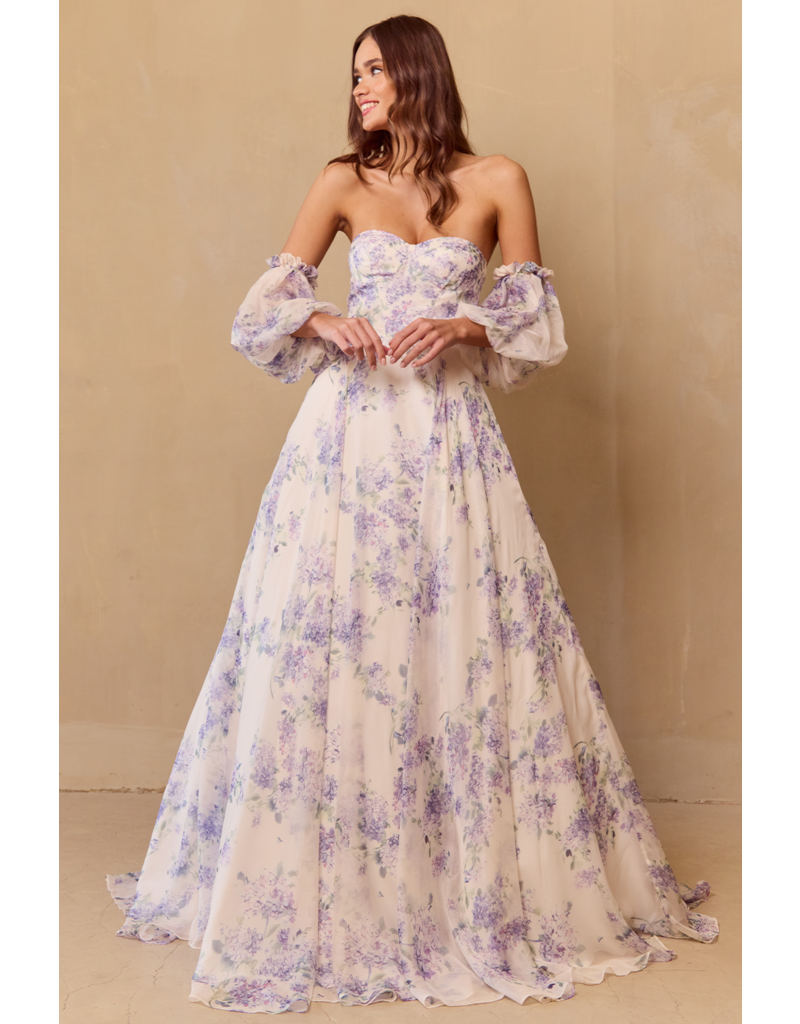 AMELIA COUTURE Strapless floral gown with sleeves SU084