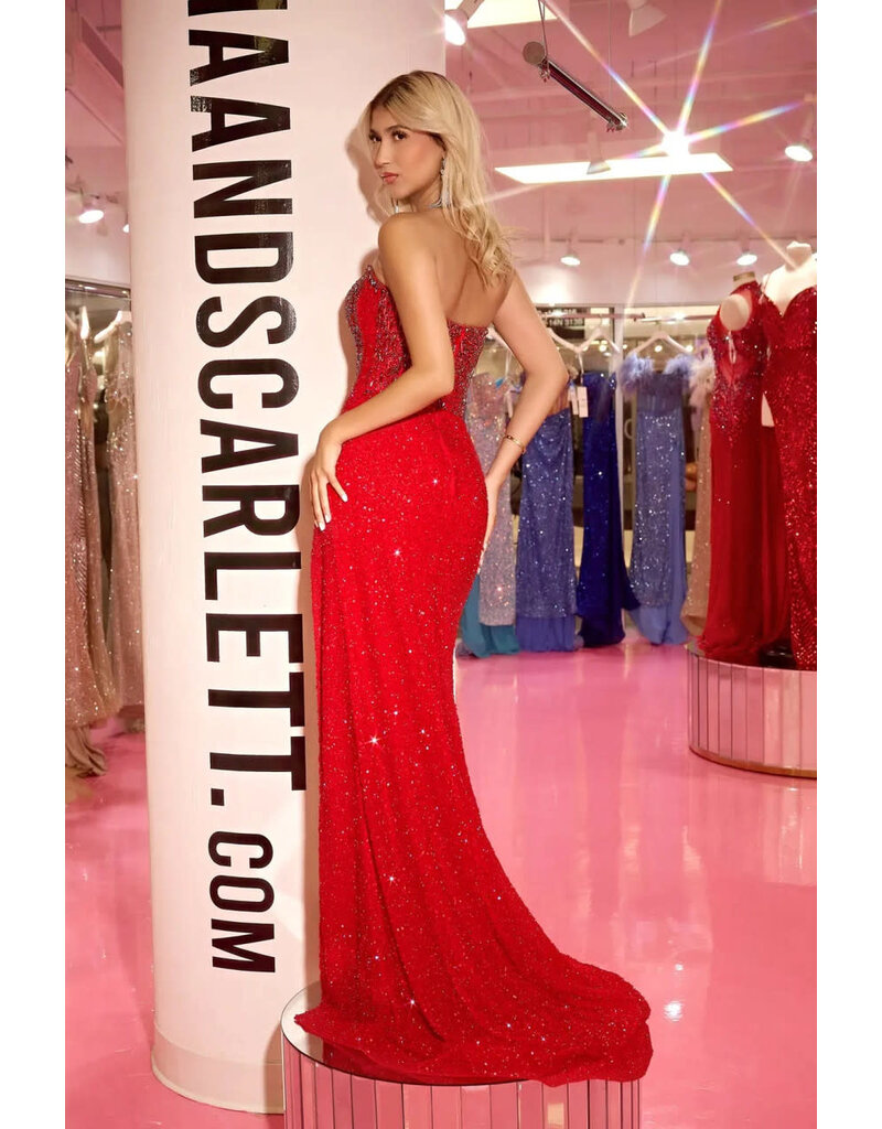 PORTIA & SCARLETT Strapless beaded corset bodice w/leg slit PS24850C