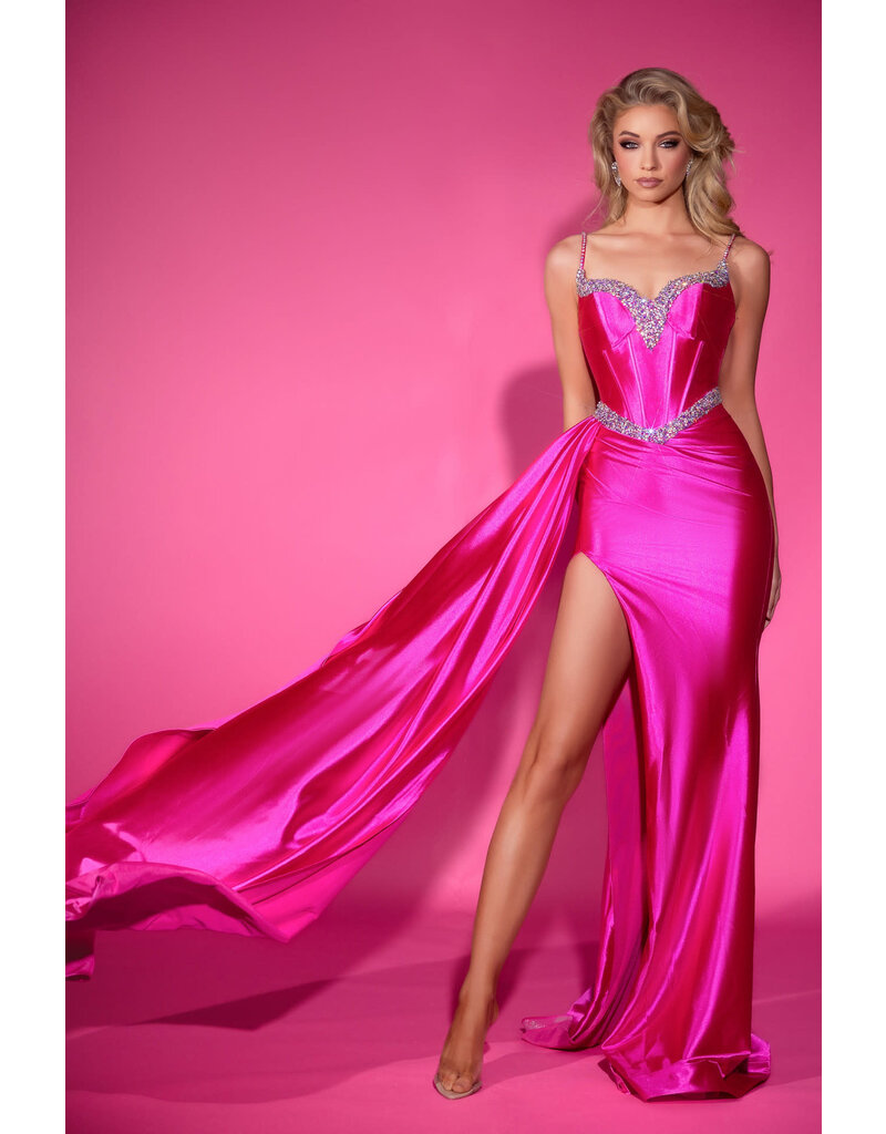 PORTIA & SCARLETT Silky satin beaded corset bodice w/leg slit 25203
