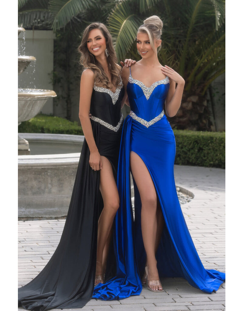 PORTIA & SCARLETT Silky satin beaded corset bodice w/leg slit 25203