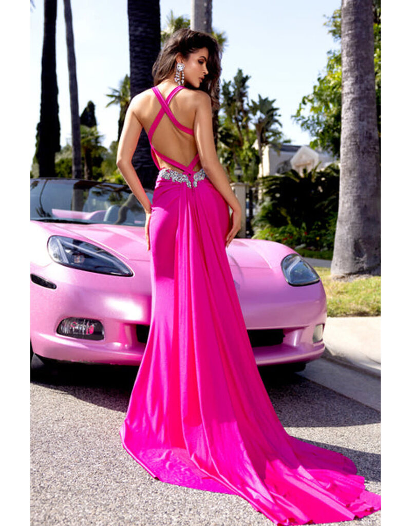 PORTIA & SCARLETT Halter corset bodice beaded open back fitted gown 25223