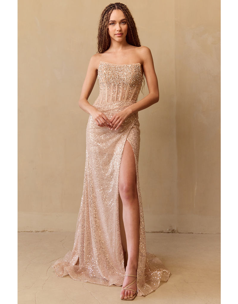 AMELIA COUTURE Strapless beaded corset fitted gown w/leg slit AG0109