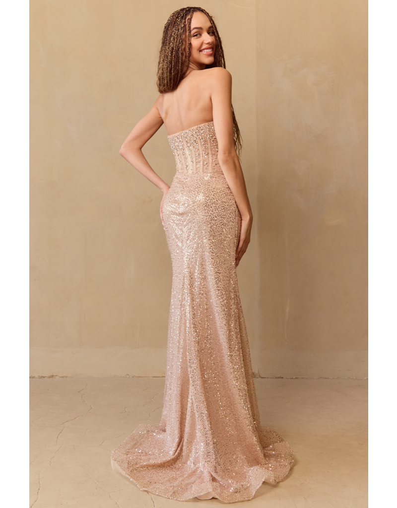 AMELIA COUTURE Strapless beaded corset fitted gown w/leg slit AG0109