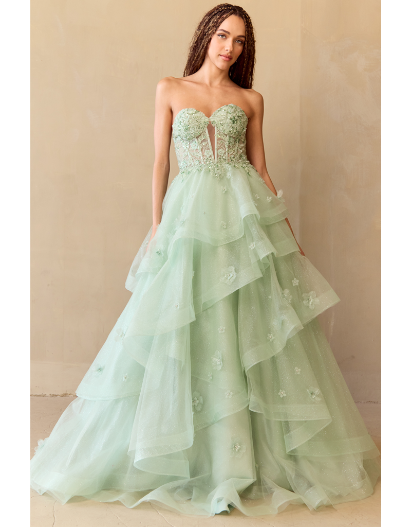 AMELIA COUTURE Strapless beaded lace ruffle ballgown 4900