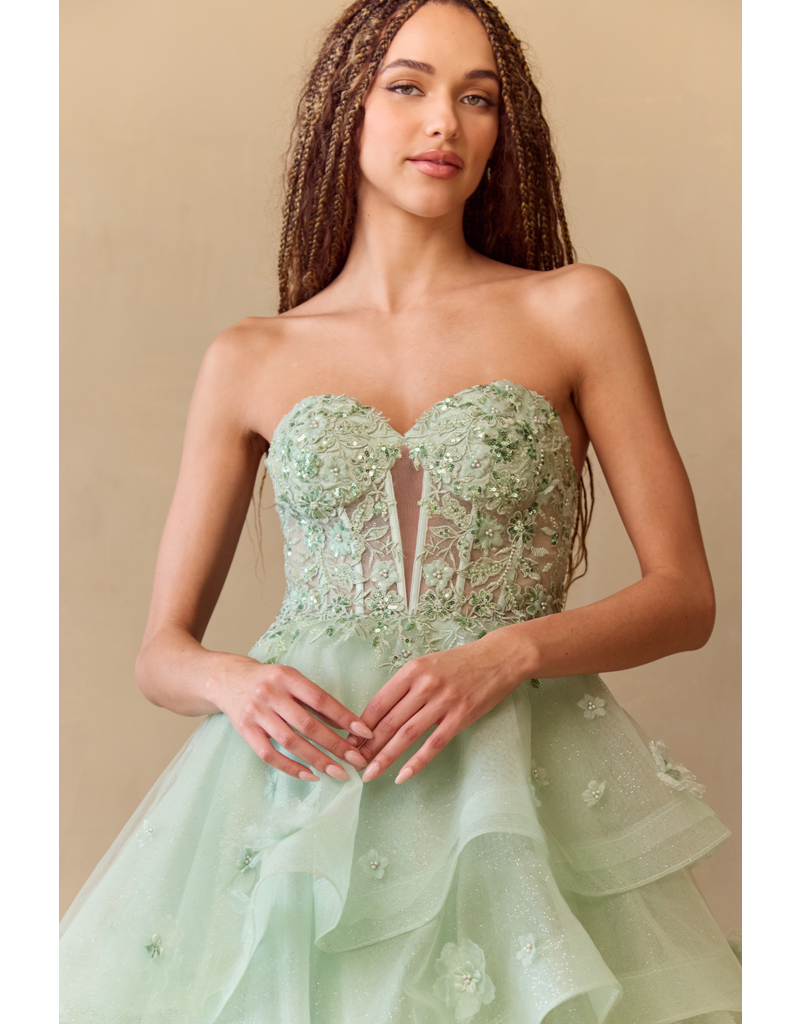 AMELIA COUTURE Strapless beaded lace ruffle ballgown 4900