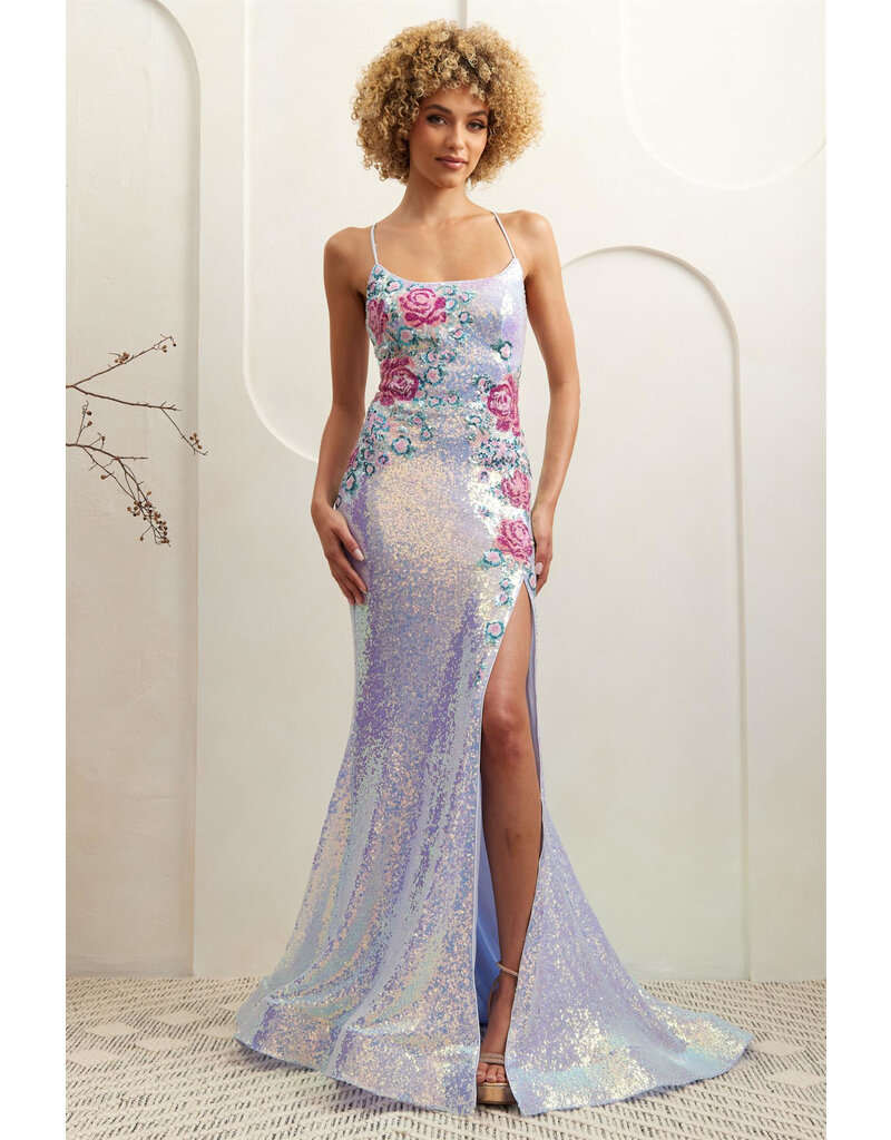 AMELIA COUTURE Spaghetti strap lace up sequin floral gown 7060